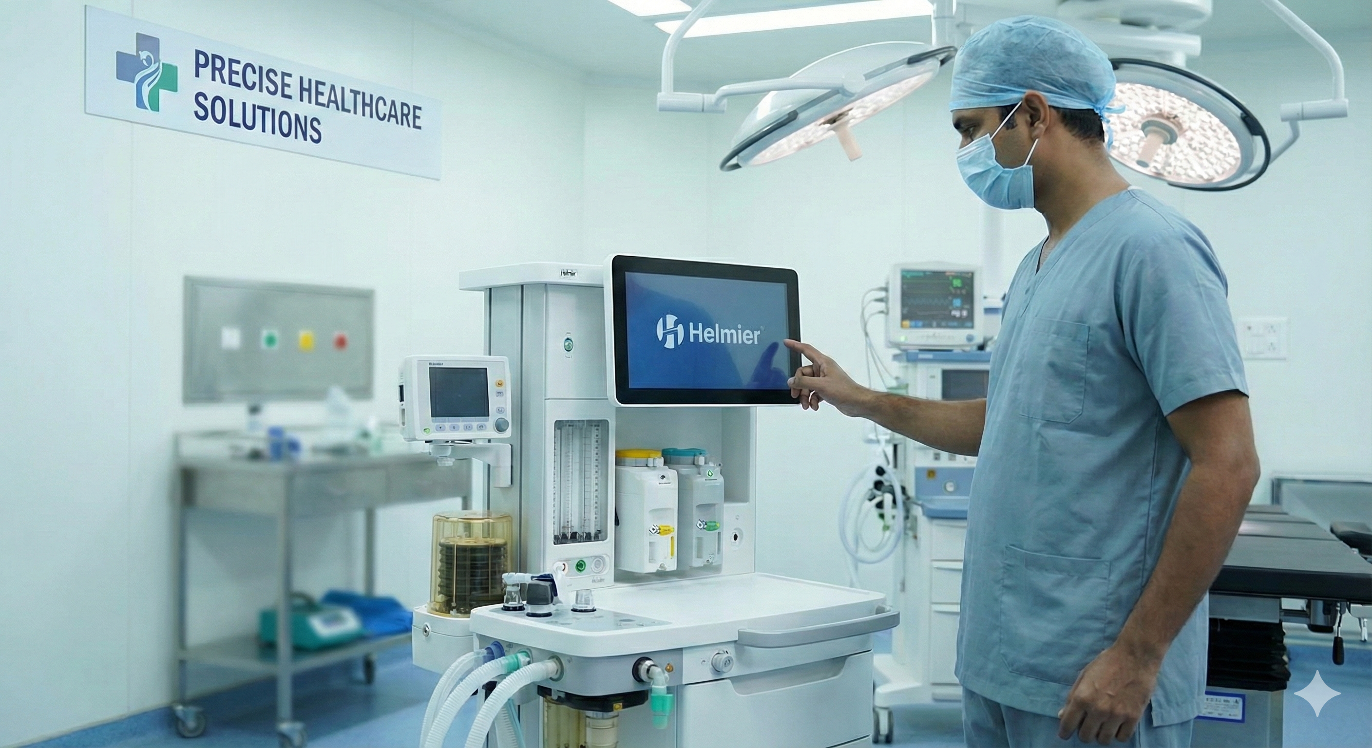 Helmier anesthesia workstation and ICU ventilator setup in a hospital operation theater.