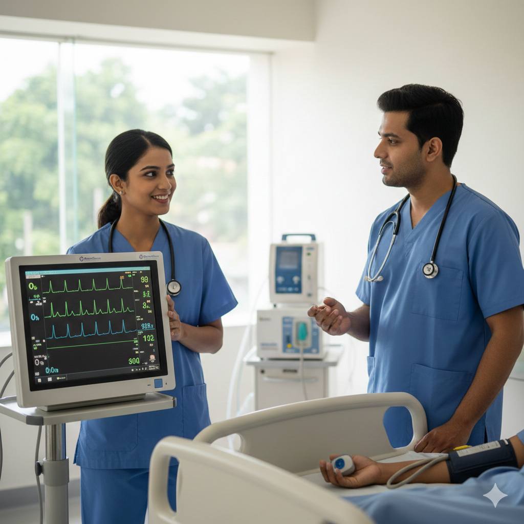 Healthcare professionals using a modern patient monitor and hospital bed supplied by Precise Healthcare Solutions in a Jalgaon hospital.
