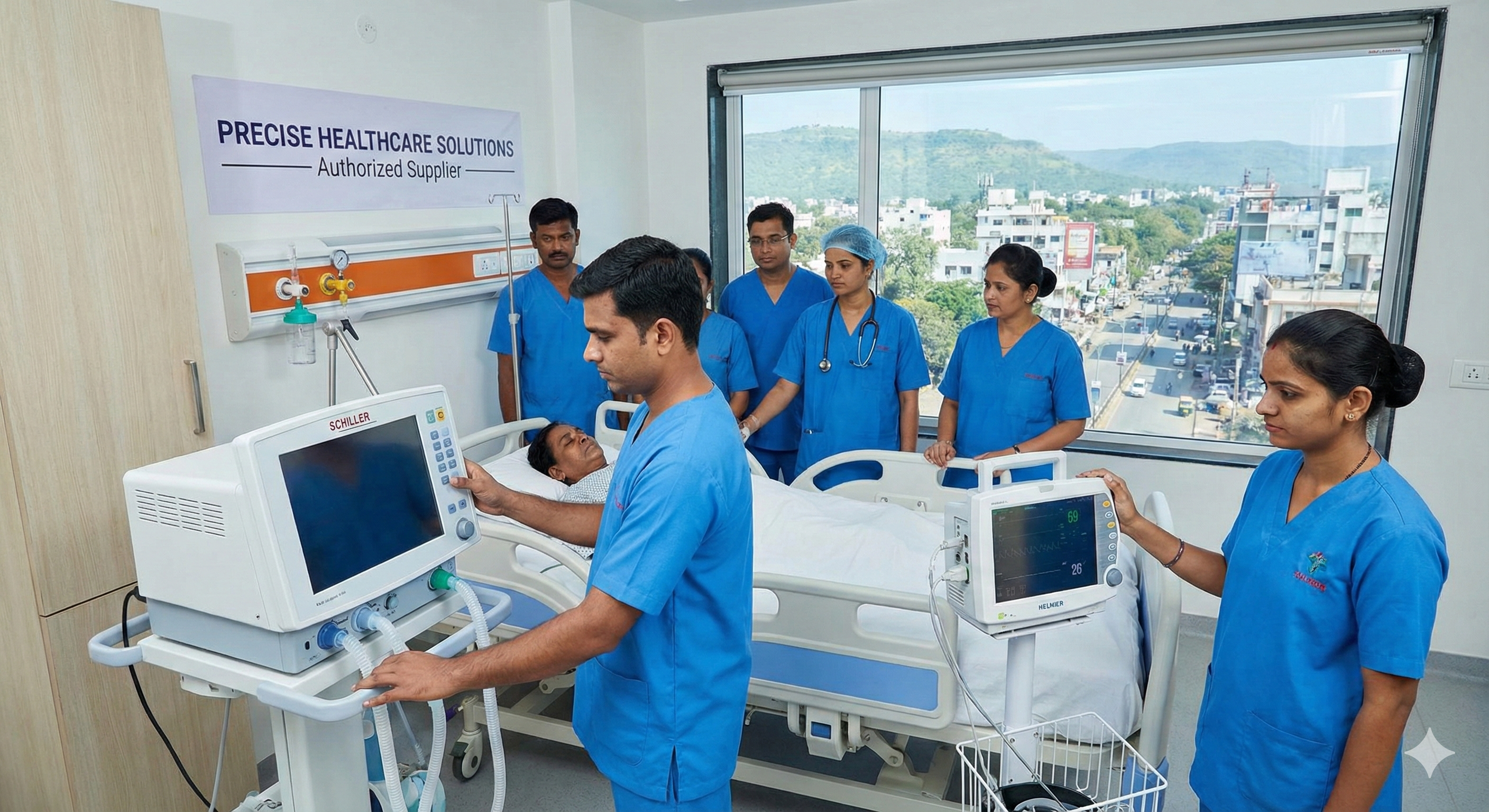 Medical professionals in a Nashik hospital room attending to a patient using a Schiller ventilator and patient monitor supplied by Precise Healthcare Solutions.